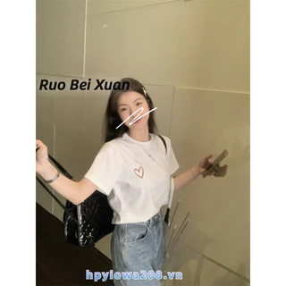 Ruo Bei Xuân Tình Yêu Nữ In Hình Ngắn Tay cotton Nguyên Chất Áo Thun Cổ Cao Cấp Lộn Bụng Ôm Vừa Vặn Vai ins Hợp Thời Trang top