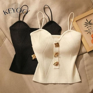 Keyoo Dệt Kim Vai Áo Vest Camisole Bandeau Top Áo Khoác Ngắn Không Tay Gợi Cảm Mỏng Làm Đẹp Suspender Phong Cách Pháp Nữ Mùa Hè Bandeau Top