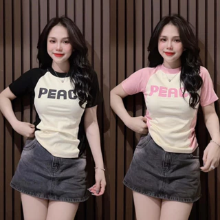 Áo thun Baby tee PEACE phối màu tay Raglan, Áo phông cotton khô form vừa 36-56kg PEACE