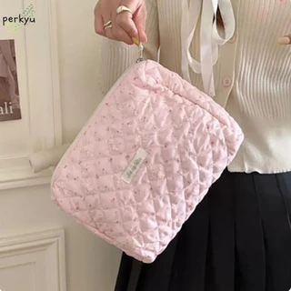 Túi đựng mỹ phẩm nữ màu hồng dễ thương PERKYU, Trang điểm khóa kéo Quilting, Túi đựng đồ du lịch bằng vải hai lớp mềm mại và thoáng khí