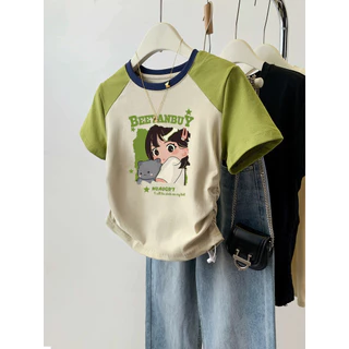 Áo baby tee  Cotton nguyên chất Slim-fit Wrinkled Color-Blocking Áo thun ngắn tay nữ