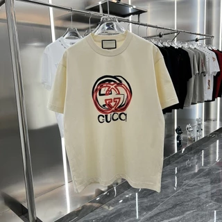 Hàng chất lượng cao unisex top GU thời trang và giản dị mới cotton thoáng khí ngực graffiti logo in hình áo thun ngắn tay cổ áo + thẻ treo XS-3XL