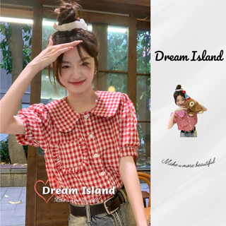 『Dream Island』Áo Sơ Mi Tay Ngắn Cổ Áo polo Kẻ Sọc Pháp Retro Thời Trang Thanh Lịch Ngọt Ngào Tươi