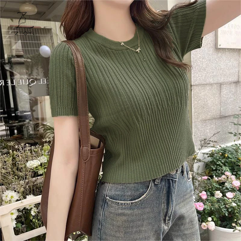 Ztoly Mùa Hè Hàn Quốc Màu Trơn Cổ Tròn Tay Ngắn Ôm Dệt Kim Áo Thun Nữ Crop Top TR