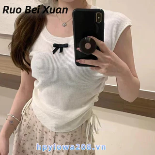 Ruo Bei Xuân Nữ Nơ Dây Rút Dệt Kim Tay Ngắn Slim Áo Thun Đơn Giản Đa Năng Hàng Đầu