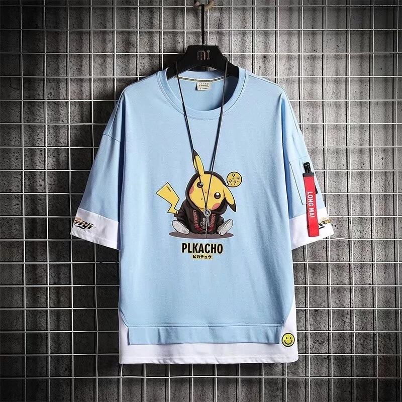 Áo thun Cotton ngắn tay in hình Pikachu mùa hè dành cho nam