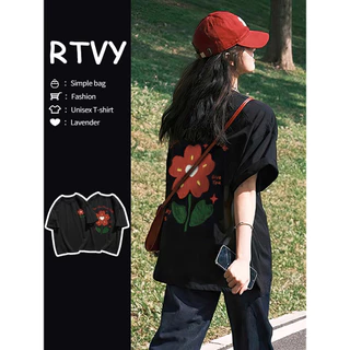 「RTVY」Áo thun Cotton ngắn tay nữ mùa hè Oversize hoa đỏ in hình cổ tròn dáng rộng