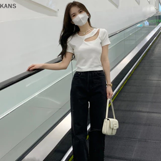 Kans Nữ Rỗng Ra Áo Thun Ngắn Mùa Hè Màu Trơn Cổ Tròn Tay Ngắn Slim T Shirt vn