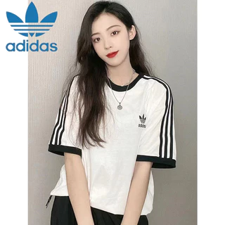 Adidas 100% Nguyên Bản Thêu Logo Thời Trang Versatil Phong Cách Áo Thun Nữ Rời Thoáng Khí Đơn Giản Giải Trí Nữ Tay Ngắn Áo Thun Cặp Đôi