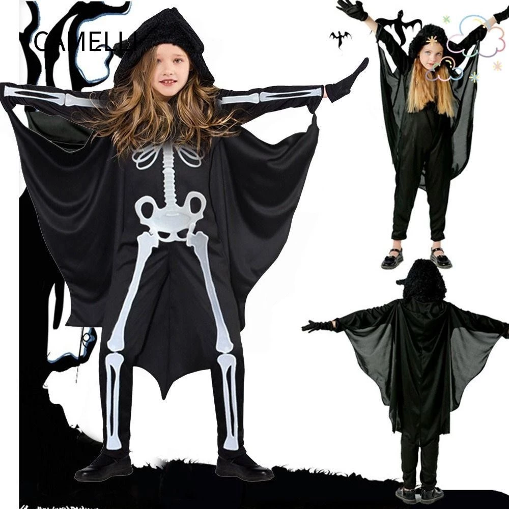 Camelli1 Trang phục dơi Halloween, Đồng phục dơi đen Trẻ em Trang phục hóa trang, Áo choàng Anime Cosplay Đầm dự tiệc Bat Áo liền quần Bé trai Cô gái