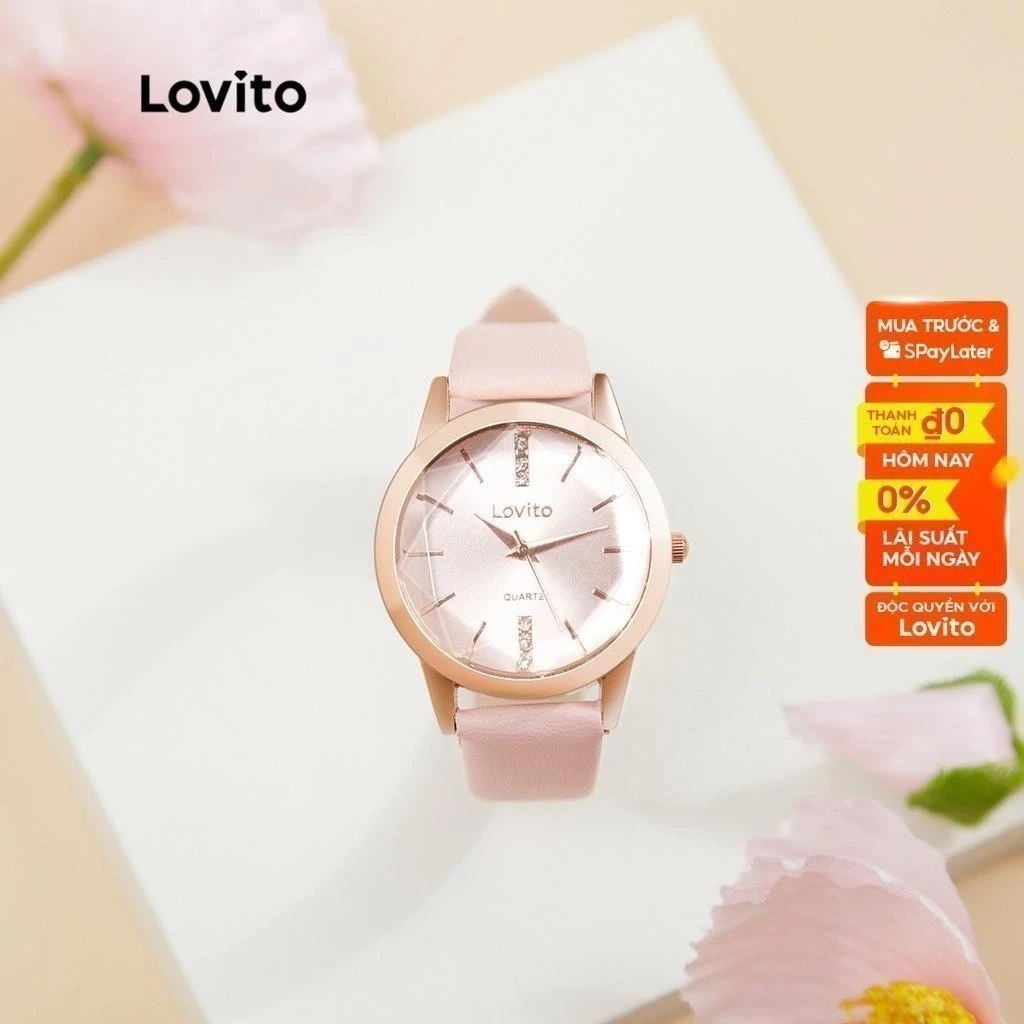 Đồng hồ quartz Lovito phong cách thường ngày màu trơn chất liệu kim loại đính kim cương nhân tạo (Màu hồng)