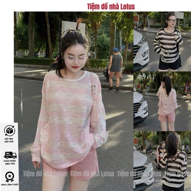 Áo thun giấy sọc đan dâu phom rộng thoải mái phù hợp với mùa hè (Tiệm đồ nhà Lotus)