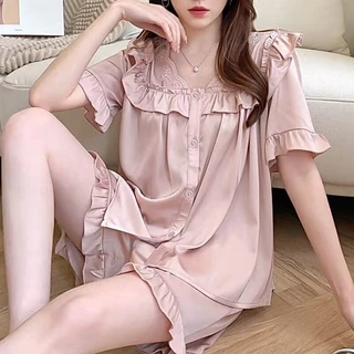 Bộ Đồ Ngủ Nữ Phong Cách Mới Mùa Hè Ice Silk Tay Ngắn Mỏng Phong Cách Nhẹ Sang Trọng Cung Điện Phong Cách ins Phong Cách Pháp Mô Phỏng Lụa Homewear Phù Hợp Với