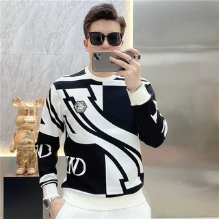 Áo Len Cho Nam 2024 Thu Đông Mới Màu Sắc Tương Phản Cổ Tròn Đen Trắng Thời Trang Slim Fit In Hoa Dài Tay Áo Chui Đầu Nam