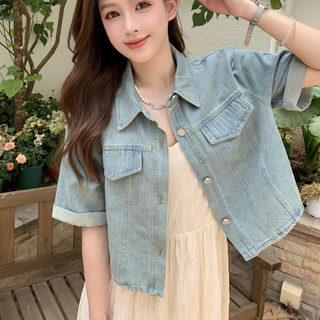 [Xiao] Áo Sơ Mi Ngắn Tay Denim Phong Cách Hồng Kông Áo Khoác Nữ Mùa Hè Mỏng Thiết Kế Nhỏ Retro Thường Ngày Phù Hợp Với Áo Ngắn