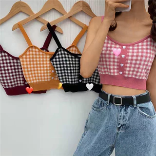 Kẻ Sọc Nút Tank Tops Spaghetti Dây Đeo Nữ Thời Trang Mùa Hè 2024 Y2K Ngọt Ngào Hàn Quốc Dệt Kim Chặt Tay Áo Crop Top Nữ