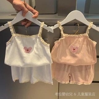 Bé Gái Nguyên Chất Cotton Sling Bộ Đồ Ngủ Cho Bé Mỏng Mềm Mại Homewear Bé Gái Dễ Thương Thoải Mái Áo Quần Short