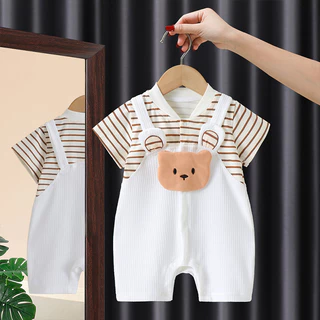 Chất Lượng Cao Mùa Hè Bé Trai Và Bé Gái Tay Ngắn Onesie Siêu Đẹp Trai Hoạt Hình Gấu Sọc Nối Áo Liền Quần Áo Khoác Ngoài