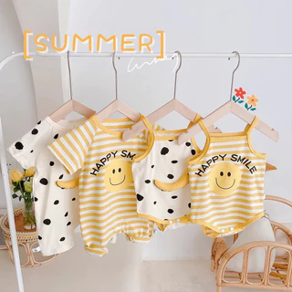 Mùa Hè Sơ Sinh Trang Phục Cho Bé Hoạt Hình Dễ Thương Nụ Cười Chuối Sọc Chấm Cotton Romper Trẻ Sơ Sinh Bé Trai Bé Gái Áo liền quần Bộ