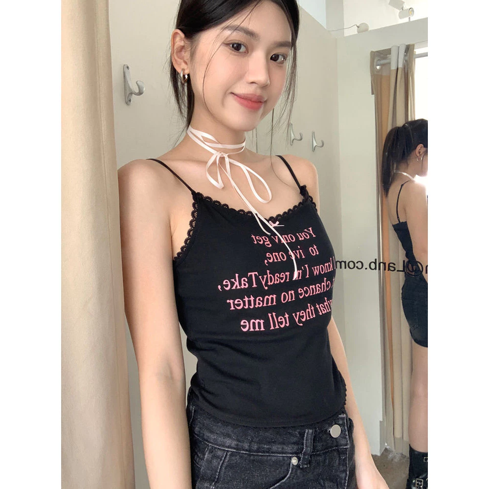 Milyfashion Phong Cách Mới Ngọt Cay Ren Viền Nơ Chữ Nhỏ Sling Nữ Mùa Hè Ngắn Ôm Phù Hợp Với Áo Vest Không Tay Top