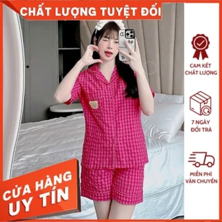 Đồ ngủ bộ mặc nhà pijama Nữ đùi cộc chất vải thô kẻ caro mềm nhẹ mát