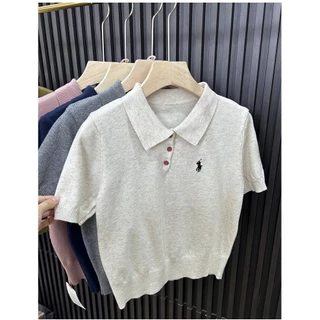 Mùa Hè Phong Cách Mới Ngọt Ngào Preppy Phong Cách Slim-fit Thời Trang Cổ POLO Thêu Dệt Kim Tay Ngắn T @ -