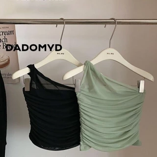 DADOMYD Áo Tank Top, Áo thun đeo vai nghiêng màu trơn, không cổ co lại lưng chặt chẽ Crop Cami Áo nữ