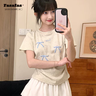 Áo thun nữ Fasafas ngắn tay cổ tròn cổ tròn ngọt ngào Nhật Bản in nơ Hàn Quốc mỏng hàng ngày đa năng hàng đầu mỏng