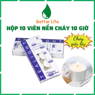 Nến tealight nhỏ cháy 10 GIỜ hộp 10 viên đốt đèn xông tinh dầu, bếp xông thảo mộc viên tròn màu trắng cháy lâu