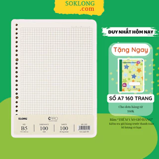 Giấy ruột sổ còng caro 6mm nét đứt B5 KLONG Ms 532, tập refill làm binder 100 tờ dày 100gsm 26 lỗ