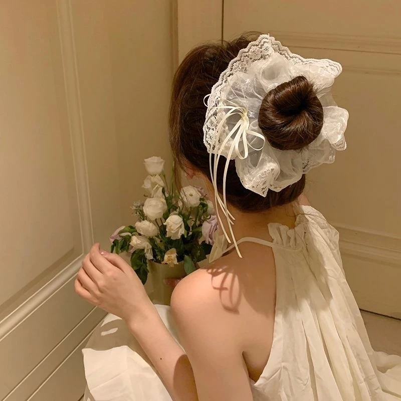 Chun buộc tóc Scrunchies voan lưới dây duy băng tiểu thư