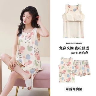 Cotton Nguyên Chất Có Miếng Lót Ngực Bộ Đồ Ngủ Nữ Mùa Hè Áo Vest Không Tay Mỏng Thường Ngày Plus Kích Thước Phù Hợp Với Loungewear Có Thể Mặc Bên Ngoài