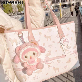 Boyashi Màu hồng nữ tính in túi tote dung tích lớn hoạt hình cừu đi lại lớp học sinh túi đeo vai hợp thời trang