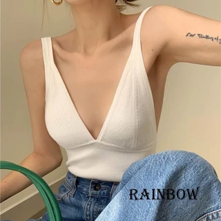 Rainbow-nữ Crop Đan Áo Ôm Sâu Cổ Chữ V Mở Lưng Màu Trơn Không Tay Top