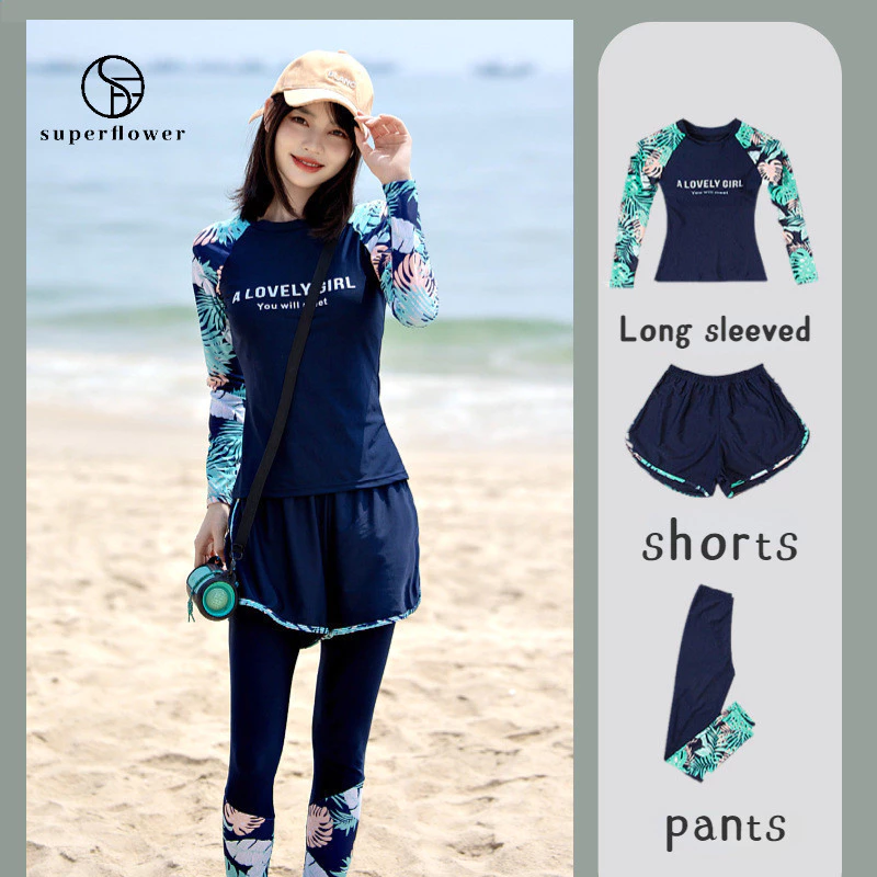 Bộ đồ bơi 3 mảnh SUPERFLOWER dành cho nữ có miếng đệm ngực dài tay và quần short và quần dài cho ngày lễ bơi lội