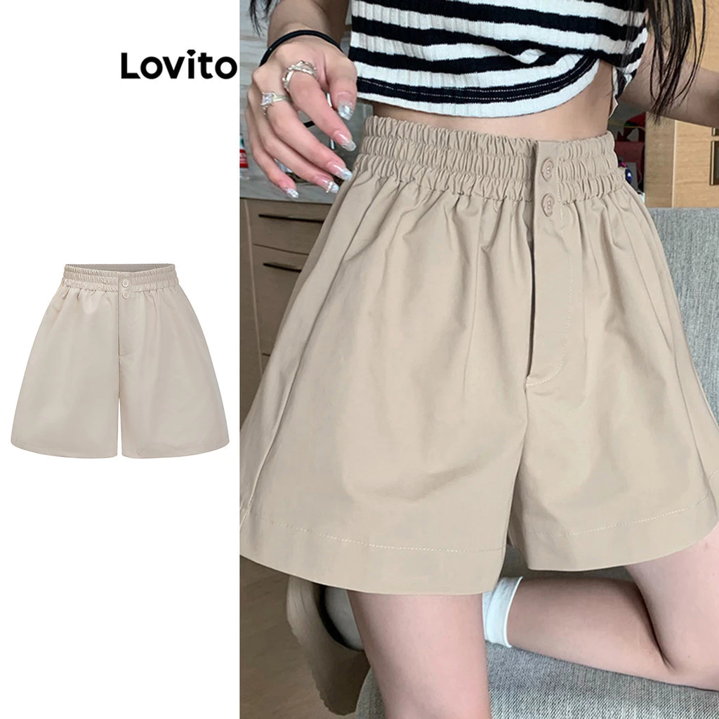 Lovito Quần short vải xếp nếp đơn giản có nút đơn giản dành cho nữ L87ED182