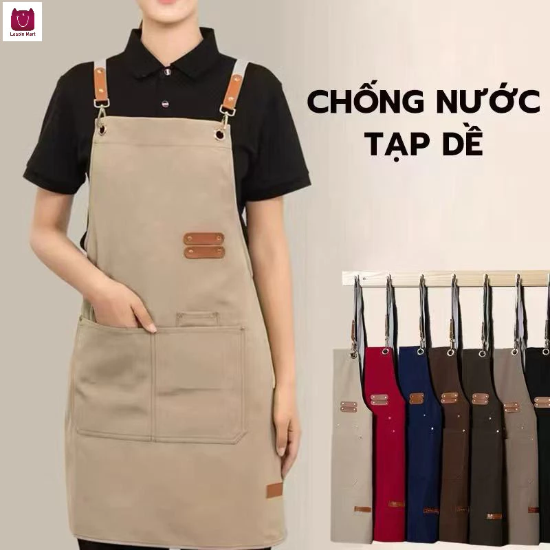 Tạp dề nhà bếp chống thấm nước và dầu có túi - tạp dề phục vụ rượu vang chất liệu vải canvas dày cao cấp màu trơn