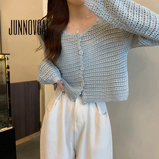 Áo len cardigan nữ JUNNOVGAL Đan màu trơn 2024 Phong cách mới rỗng dài tay Slim Fit