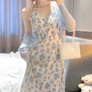 Qihao Plus Size Quần Áo Nữ Béo mm Pháp Retro Voan Váy Dài Hoa Sling Đầm Cardigan Hai Mảnh Phù Hợp Với Nữ Xuân Hè☁0422