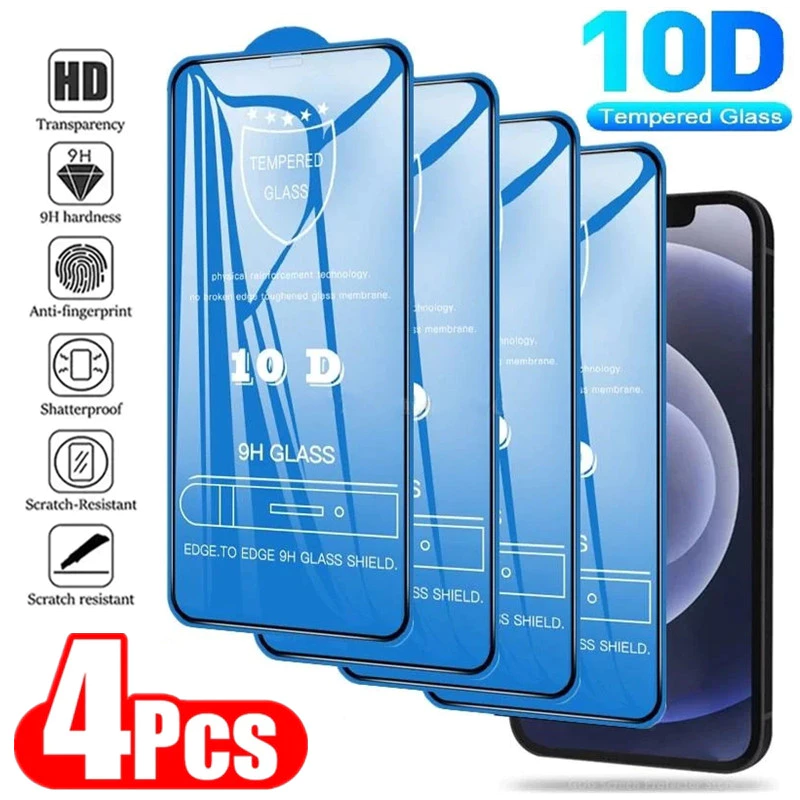 4 Kính Cường Lực 10D Cho iPhone 15 11 12 14 PRO MAX Mini 7 8 Plus Full Cover Bảo Vệ Màn Hình Cho iPhone 13 PRO XR X XS MAX