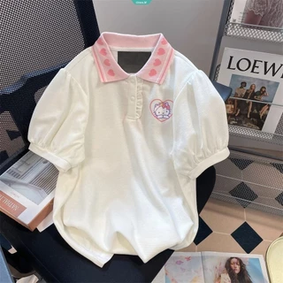 Nữ Dễ Thương Sanrio Hoạt Hình Hello Kitty In Niche Áo Sơ Mi POLO Ngọt Ngào In Tình Yêu Cổ Gấp Rời Thoải Mái Cotton Học Sinh Áo Thun Ngắn Tay Đa Năng [GM]