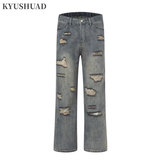 Kyushuad Quần Nam Mỹ Retro Cao Cấp Phiên Bản Hàn Quốc ins Thiết Kế Cảm Giác Lỗ Mỏng Thời Trang Rời Vintage Thẳng Jeans Nam