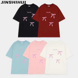 Jinshihuiselvze Vintage thoải mái nguyên chất nơ cotton oversize cổ tròn tay ngắn mát mẻ Áo thun nữ