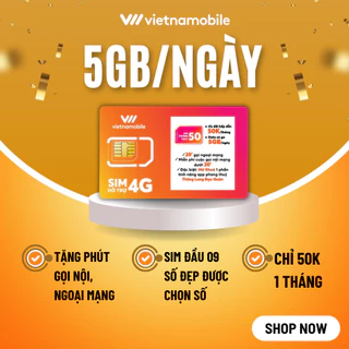 Sim 4G Vietnamobile ưu đãi Data 150GB/tháng, Số đầu 09, Tặng phút gọi miễn phí, Đăng ký chính chủ không lo mất sim.