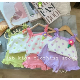 Bộ 2 Dây Cho Bé Gái KIMCHIBABY Vải Cotton Đính Hoa Nổi 3D Quần Bèo, Bộ Cộc Tay Cho Bé Mặc Đi Chơi, Đi Học CK451