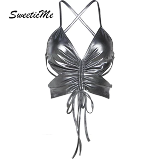 Sweeticme Nữ 2024 Thời Trang Mới Màu Trơn Dạo Phố Lưng Viền Xe Tăng Áo Camisole