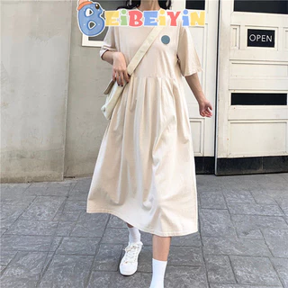 Beibeiyin Áo thun dài vừa phải cỡ lớn Hàn Quốc thời trang váy bà bầu dáng rộng