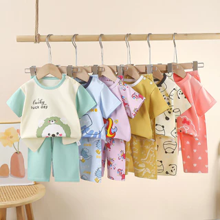 Bộ đồ ngủ ngắn tay trẻ em mùa hè mới cotton bé trai Bộ đồ ngủ bé gái A lớp áo thun ngắn tay quần hai bộ