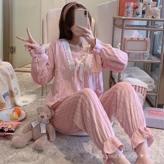 Bộ Đồ Ngủ Lông Cừu San Hô Nữ Xuân Thu Đông Dày Ấm Ngọt Ngào Dễ Thương Flannel Loungewear Hai Mảnh Phù Hợp Với Màu Xanh Dương