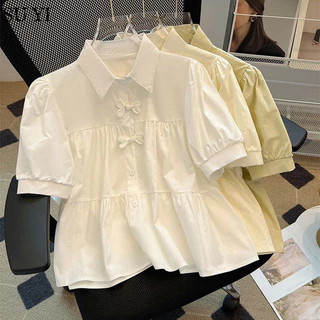 Su YI Mới Phong Cách Trung Hoa Phong Cách Trung Hoa Áo Sơ Mi cotton Ngắn Tay Nguyên Chất Nữ Mùa Hè Mới Tay Phồng Giảm Tuổi Bé Búp Bê Rời top